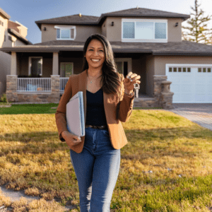 Happy Landlord Holding Keys in Front of a Rental Property in Idaho