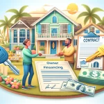 a woman shaking hands with a man and a house discussing how does owner financing work in florida