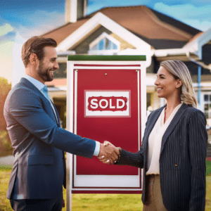 Happy client and an agent handshake in front of a house marked sold in cash