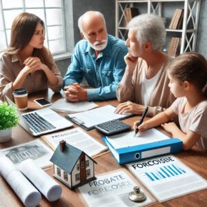 "Family discussing estate matters around a table with documents and a laptop, showing the emotional and familial elements of probate foreclosure."