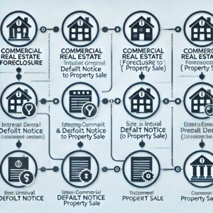 A flowchart illustrating the step-by-step process of commercial real estate foreclosure, from initial default notice to property sale. The flowchart s