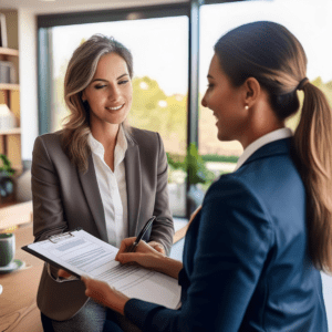 A real estate agent reviewing documents with a home seller, highlighting the minimal paperwork involved in cash transactions_