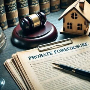 "Probate court documents and legal paperwork on a table with a gavel, representing the legal aspects of probate foreclosure."