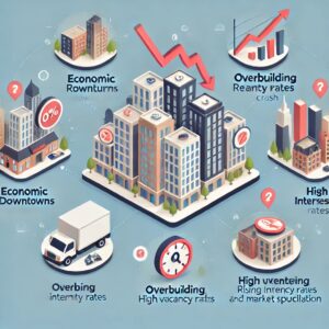 An infographic showcasing the key factors contributing to a commercial real estate crash, including economic downturns, overbuilding, high vacancy rat