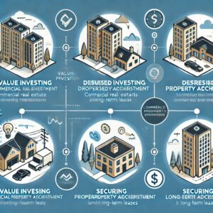 An infographic showing investment strategies during a commercial real estate downturn, including value investing, distressed property acquisition, and