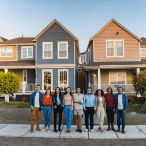 Diverse group of people standing in front of various types of houses including single-family homes, townhouses, and condominiums_