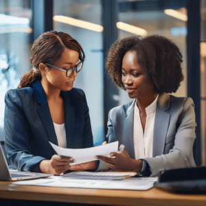 Financial advisor reviewing documents with a client, providing guidance on bankruptcy proceedings_