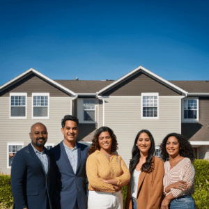 Group of individuals in front of single-family homes, townhouses, and condominiums offered by EPS Houses_