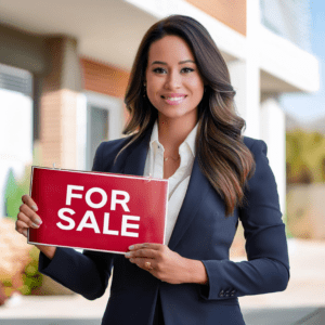 Real estate agent holding a 'For Sale' sign, representing marketing strategy_