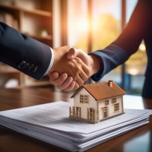 A handshake over a stack of real estate documents, symbolizing a successful property sale.