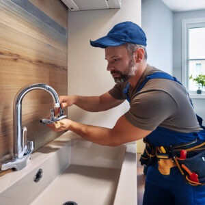 A handyman repairing a leaky faucet in a rental property.