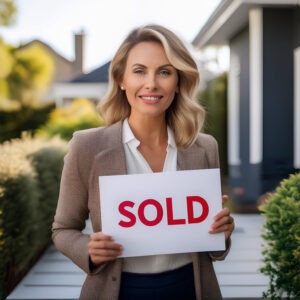 A happy landlord holding a 'Sold' sign, symbolizing a successful property sale.