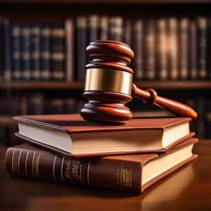 A stack of housing law books and a gavel, symbolizing legal compliance.