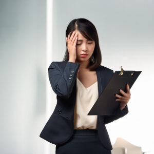 "A tired landlord looking stressed with a clipboard, illustrating the challenges of property management."