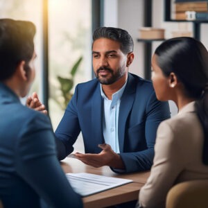 A landlord engaging in a conversation with tenants, addressing tenant issues.