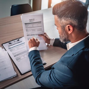 A landlord reviewing tenant applications for placement and management.