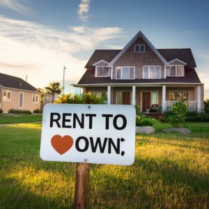 A house with a 'Rent-to-Own' sign in the yard.