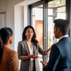 A landlord giving a tour of an apartment to potential tenants.