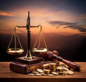 a depiction of legal and financial with a scale gavel and money