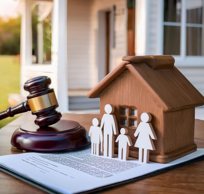 a depiction of a gavel foreclosure papers and a family and house