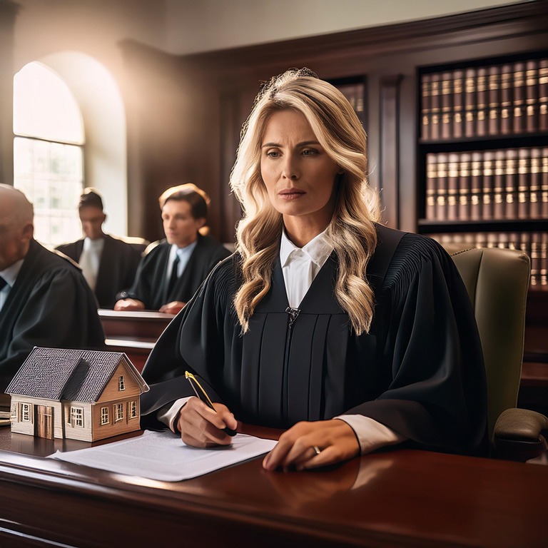 "Courtroom visual depicting the serious atmosphere around foreclosure with focused lighting on a judge and distressed homeowners."