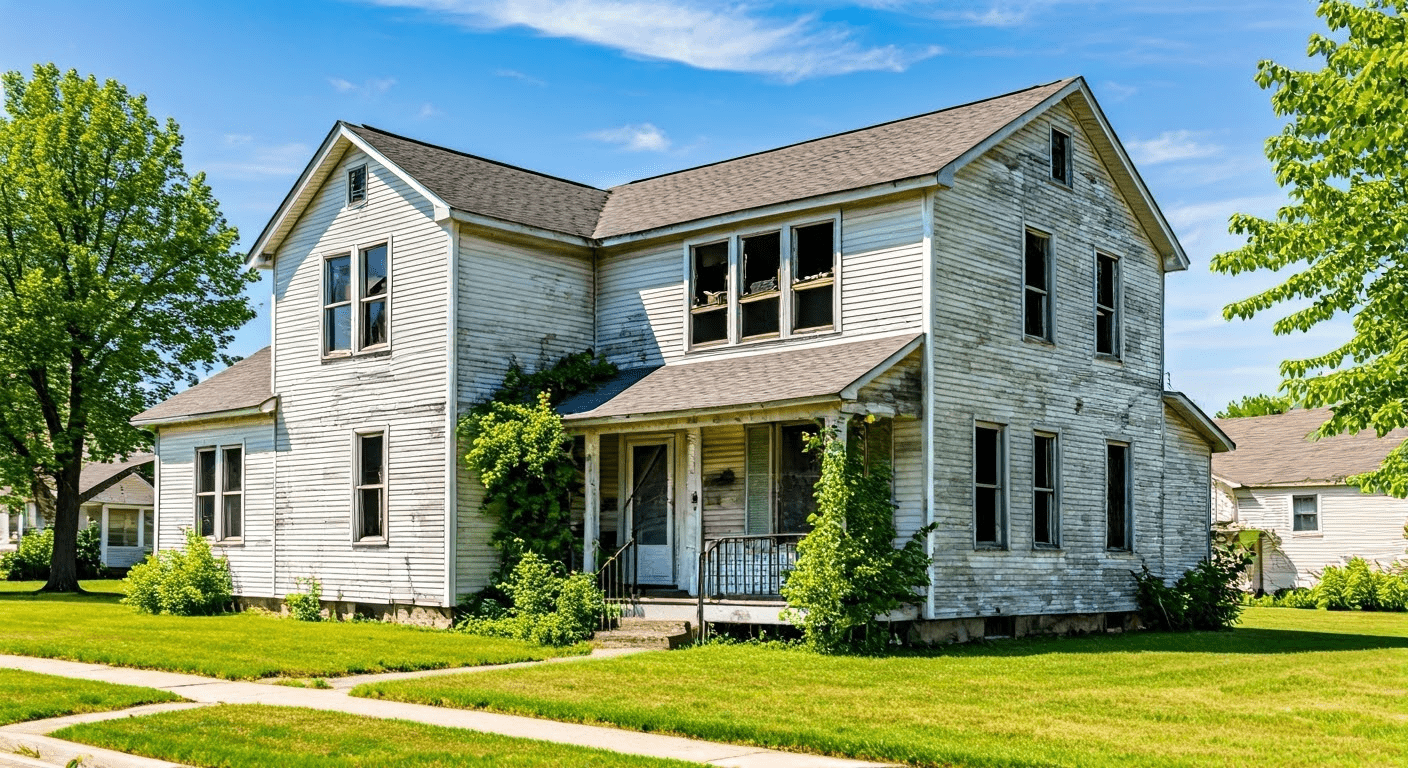 Distressed house in suburban neighborhood