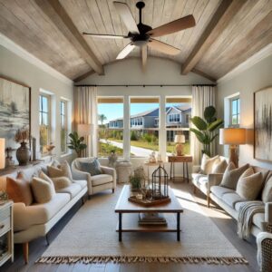 A cozy and well-staged interior of a Florida homestead property, highlighting neutral colors, modern furnishings, and natural light