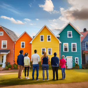 Diverse group of people standing in front of a vibrant assortment of houses representing the EPS Houses lease option to buy program_