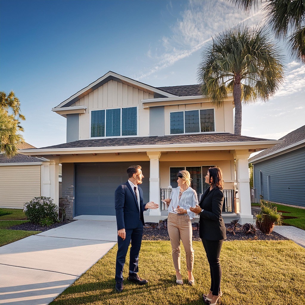 Young couple and realtor discussing outside an EPS house for sale in a thriving Orlando suburb.