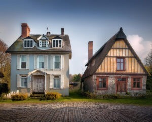 two old houses in a cobblestone street