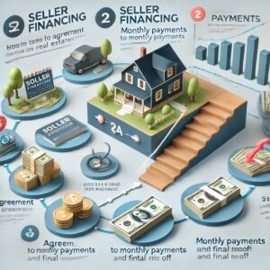 Infographic detailing the seller financing process in real estate, showing steps from agreement to monthly payments and final payoff.