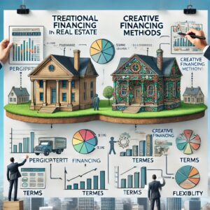 Diagram comparing traditional and creative financing methods in real estate, highlighting differences in participants, processes, terms, and flexibility.