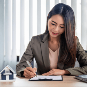 Person signing a deed document in an owner financing agreement